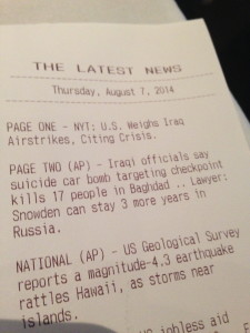 The receipt at Washington's Old Ebbitt Grill restaurant comes with news. Photo by Barb DeLollis.