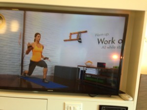 A workout video in a guest room at IHG's new EVEN hotel. 