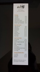 The price list for mini-bar items at Kimpton's Ink 48.