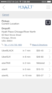 A screen shot of the Uber service as seen on Hyatt's app. Courtesy of Hyatt Hotels.