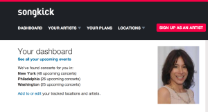 Screen shot of my Songkick account that lets me track concerts in cities I'll soon visit.