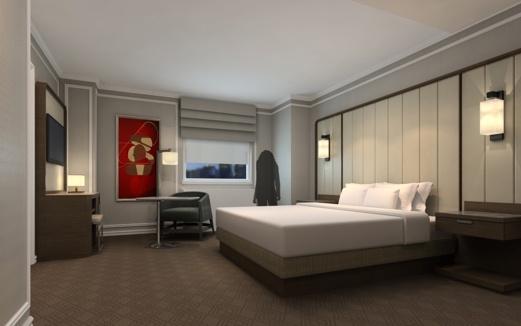 Rendering of the future look of a king room at the Boston Park Plaza Hotel.