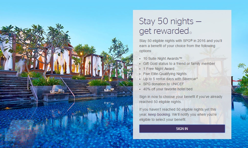 2016 Platinum 50 Night Benefit Selection - courtesy of Starwood hotels