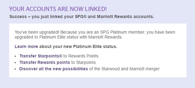 Success! Matched on the Starwood side grants me immediate Marriott Platinum Elite Benefits!