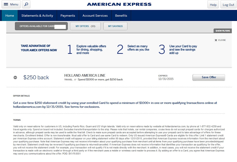 amex offers, holland america, 250 back