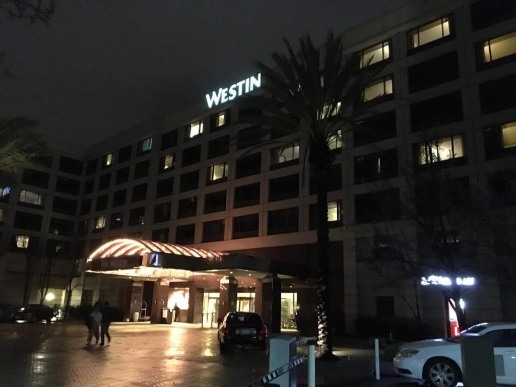 Outdoor view of the Westin at night