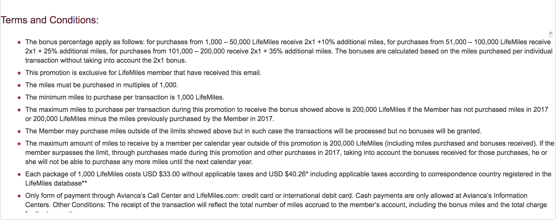 Avianca LifeMiles 2-for-1 Terms and Conditions (Image: Avianca)