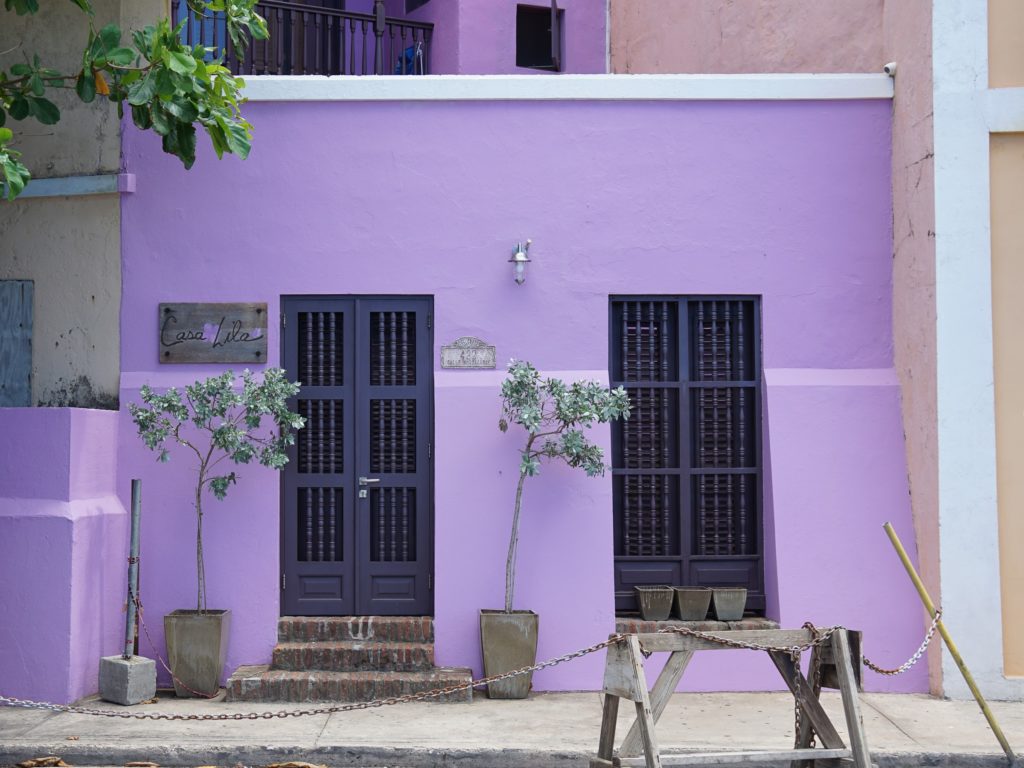 a purple building with a door and a couple of trees
