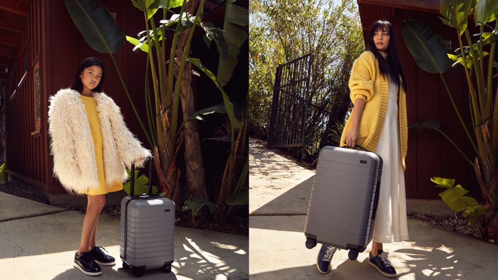 a collage of a woman holding a suitcase